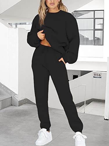 Kansoon Jogger Sets For Women 2 Piece Sweat Suit Casual Solid Color Round Neck Tops Sweatpants Outfits Lounge Set Black Xl #TOP3