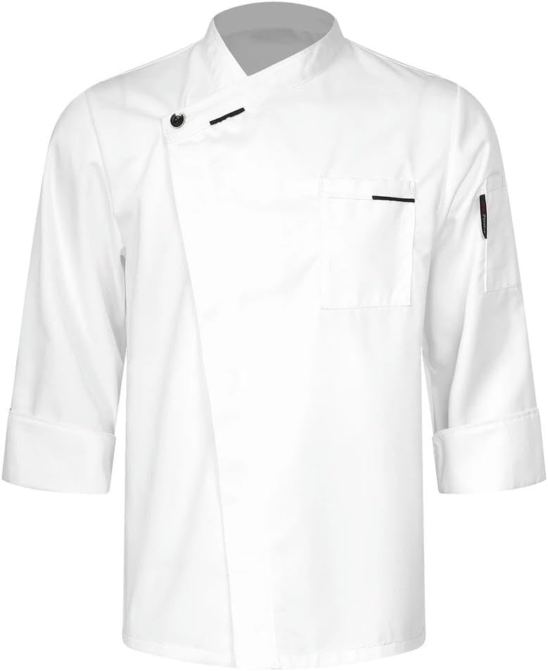 Mens Chef Shirt Work Uniform Cross-Over Collar Chef Coat Kitchen Hotel Cooking Jacket with Pockets Chef Tops