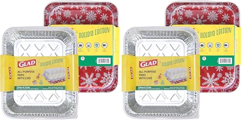 Image of Glad Disposable Aluminum All-Purpose Pans in Red & White Snowflake Holiday Pattern, 2ct with Lids | Printed Durable Foil Steam Pans | 12.5 x 10.2 x 2.16 Aluminum Pan | Durable Disposable Steamware