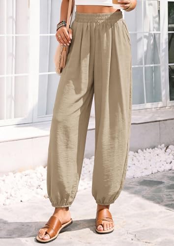 PRETTYGARDEN Womens 2026 Summer Casual Pants High Waisted Loose Wide Leg Palazzo Pockets Lounge Beach Travel Trousers Outfits (Light Khaki,Small) — view 3