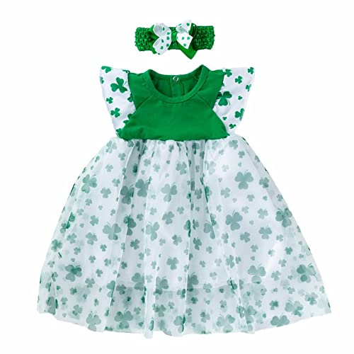 Vestido feminino de verão com estampa de grama verde gola redonda pequena manga voadora saia rodada