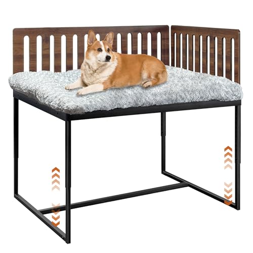 Beside Dog Bed,2 Panel Adjustable Height Dog Bunk Beds,40''x28'' Metal Dogs Bed Frame with Removable Cushion,Large