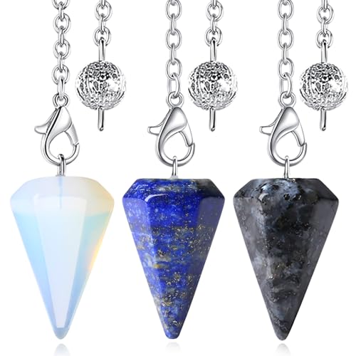 XIANNVXI 3 Pcs Pendule Divinatoire de Radiesthésie Pendule Hexagonale en Cristal Pendule en Pierre Naturelle pour Reiki Guérison Méditation (Opale, Pierre Pailletée Noire, Lapis-Lazuli)