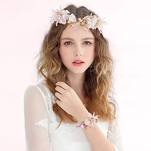 Foto von Blumenkranz Blume Krone Stirnband, Taumie Blumen Stirnbänder Kopfschmuck Haarbänder Floral Girlande, Perle Braut Haarschmuck mit Armband-Set, Damen Mädchen für Festival Party Hochzeit Strand