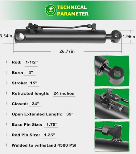 Image of 7208419 Hydraulic Tilt Cylinder, Hydraulic Bucket Tilt Cylinder for Bobcat A300 S220 S250 S300 S330 T250 T300 T320, Rod 1.5 inch, Bore 3 inch, Stroke 15 inch, Pin to Pin- 24 inch