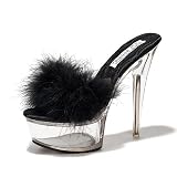 Cape Robbin Maren Fluffy Transparent Platform Stiletto High Heels for Women, Clear Slip On Heeled Mules with Fur - Black Size 11