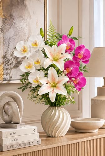 Image of Divyakosh Artificial Flowers Bunch (Vase Not Included). Artificial Flower for Vase, Flower Bouquet Gift with Orchid & Lily Pink White Arrangement for Living Room, Table, Centerpiece, Decor
