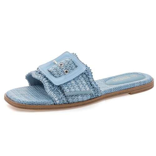 Rihero Womens Flat Sandals Raffia Slip On Beach Slides Square Open Toe Comfortable Summer Buckle Woven Blue Slide Sandals Blue Size 8