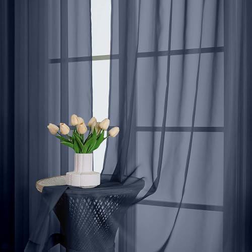Image of OWENIE Extra Long Navy Blue Sheer Curtains 96 Inches Long 2 Panels Set, Soft Lightweight Airy Voile Sheer Curtain for Bedroom Living Room, Rod Pocket Solid Color Farmhouse Curtains, 59 inch Wx96 L Inch