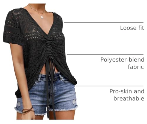 Image of Saodimallsu Womens Boho Off Shoulder Sheer Crop Tops Bell Sleeve Flowy Oversized Crochet Ruched Pullover Sweaters