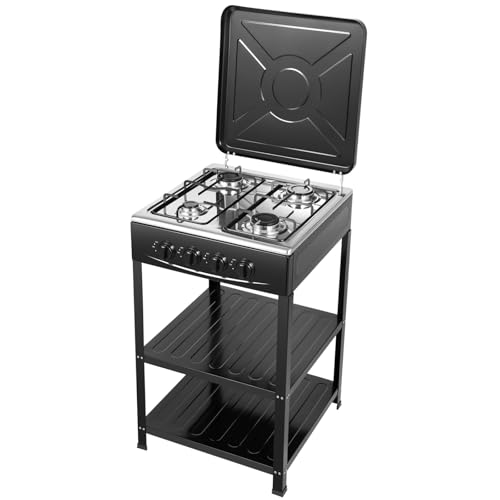 Cocina de gas con 4 fuegos, cocina de gas independiente, estufa de gas de encendido manual, estufa de gas natural para camping con tapa, horno de camping portátil para asar, pasta y sopa 49 x 49 x 79