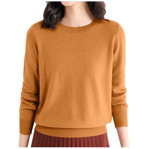2025 - Camiseta de lana para mujer, cuello redondo, manga larga, camiseta de viaje/senderismo, suéter de lana para mujer, dorado, L