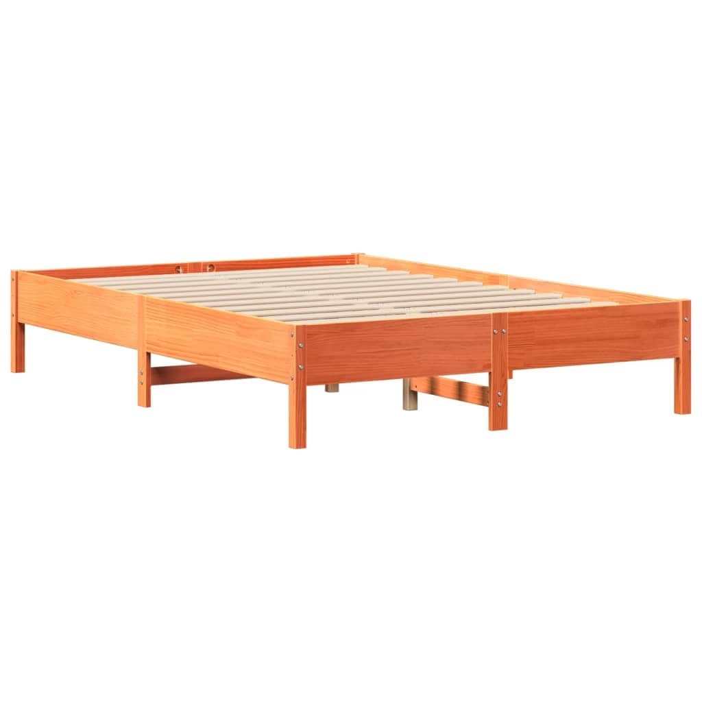 Cama de madera maciza de pino de 140 x 200 cm, color marrón cero, con estante, cabecero de lamas, cama doble, ahorra espacio, para dormitorio, habitación de invitados, habitación juven