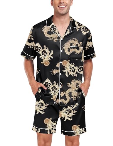 SWOMOG Men Satin Silk Pajamas Sets Short Sleeve Sleepwear Button-Down PJs Sets Two-Pieces Loungewear with Pockets Small Black Dragon3
