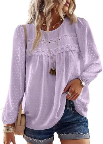 TUUHAW Langarmshirt Damen Boho Bluse Elegant Rundhals Top Oberteile | Tops für Damen, Tunika Bluse Elegant, T Shirt Süß, Spitze Fließend, Oberteile Lässig Outfits, Frühling Herbst
