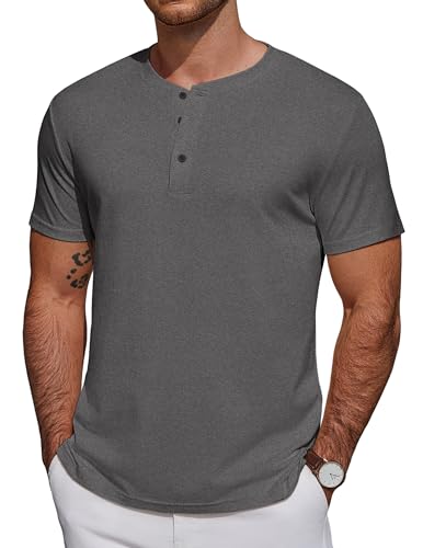 Image of COOFANDY Henley T Shirt Mens T-Shirts Short Sleeve Grandad Shirt Cotton Round Neck Summer Tee Casua Top Dark Grey 3XL