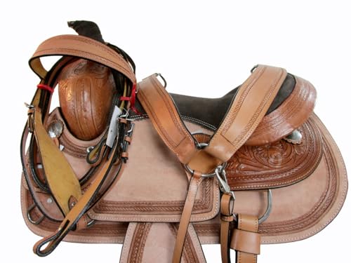 Custom Leather Tooled Horse Rope Border 15 16 17 Roping Ranch Western Trail Saddle Set (15 Inch)