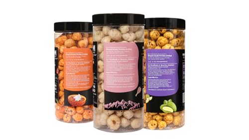 Image of H O M House Of Makhana 195g Himalayan Salt and Pepper, Peri Peri And Achari Mango Gourmet Makhana Jar Roasted in Olive Oil, Flavored Makhana Pack of 3 (65gX3)