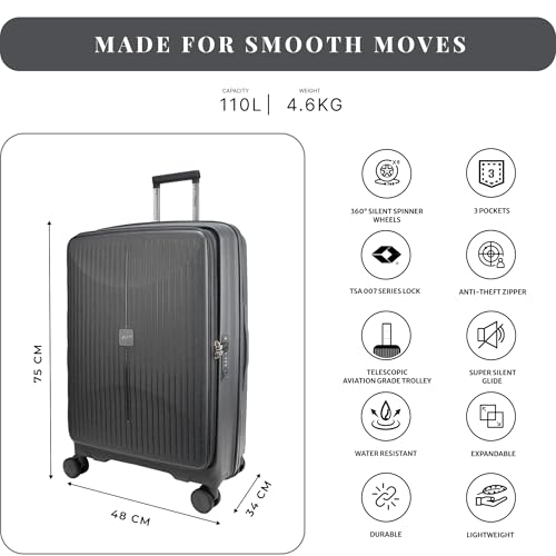 Image of F Gear Myton Dark Grey Large Front Opening Hard Luggage | Lightweight Expandable Check-in Suitcase with 360 Spinner Silent 8-Wheels, Built-in TSA Lock, Anti-Theft Zipper & 3-Level Telescopic Trolley