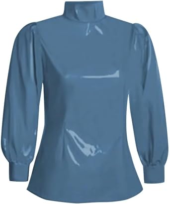 Plus Size Faux Latex Turtleneck PVC Leather Slim Fit Blouse Wetlook Tight Solid Ladies Tops