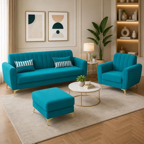 Image of Chesterfield Velvet Upholstery 3-Seater with Armchair and Footrest, Design in 3+1+Footrest Sofa for Living Room, Bedroom, Hallways (Teal Blue)