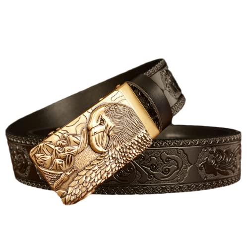 Men's Ratchet Western Floral Embossed Belt - Flying Mountain Eagle Engraved Automatic Buckle