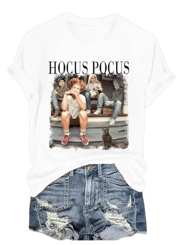 Halloween T Shirt Sanderson Sisters Cute Shirt Hocus Pocus Graphic Tee Mujeres Cuello en V Manga Corta Otoño Casual Camisa Tops, Jardín Blanco/Opulento, S