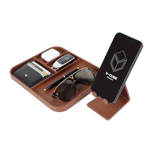 Image of V-CUBE Designs Premium Vegan Leather Executive Set of 6| Multipurpose Personal Desk Organizer| Desk Mat | Valet Tray| Tissue Holder | Pen Holder| Coaster | Mobile Stand for Office Table & Home - Tan