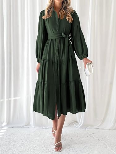 MASCOMODA Womens Dresses 2025 Fall Long Sleeve Midi Dress Casual V Neck Button Down Tiered Flowy Aline Tie Waist Shirt Dress3