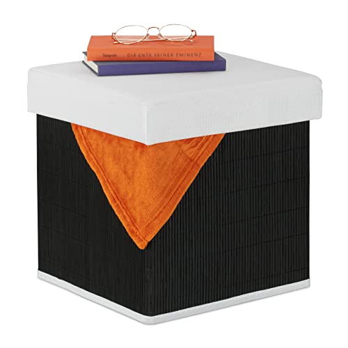 Relaxdays Sitzhocker mit Stauraum, gepolstert, klappbar, HBT: 35x35x35 cm, mit Deckel, Bambus Sitzwürfel, schwarz/weiß Relaxdays Sitzhocker mit Stauraum, gepolstert, klappbar, HBT: 35x35x35 cm, mit Deckel, Bambus Sitzwürfel, schwarz/weiß