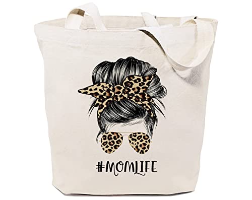 GXVUIS Mom Life Canvas Tote Bag for Women Leopard Print Messy Bun Reusable Grocery Shoulder Shopping Bags Mama Funny Gifts White