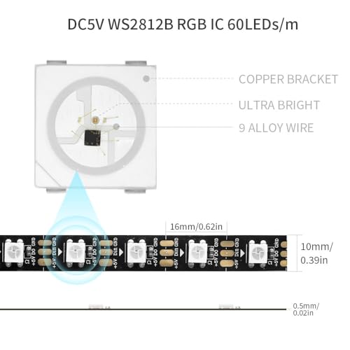 LOAMLIN WS2812B IC RGB 5050SMD ECO Individual Addressable LED Strip Light, 16.4FT 300LED 60LED/m Flexible Full Color IP30 DC5V Black PCB for DIY Project (No Power Adapter or Controller)