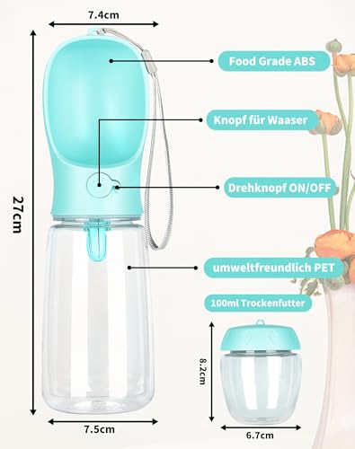 Trinkflasche Hund für Unterwegs 550ml Hundetrinkflasche Unterwegs Wasserflasche Hunde Trinkflasche mit 100ml Hundefutter Becher Hundenapf unterwegs tragbar Wasserflasche Hund Wasserspender Reisenapf