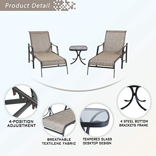 Festival Depot 3 Pc Patio Chaise Lounge Chair Set With Textilene, Adjustable Back And Side Table Metal Outdoor Furniture For Outside Pool Yard Garden #TOP4