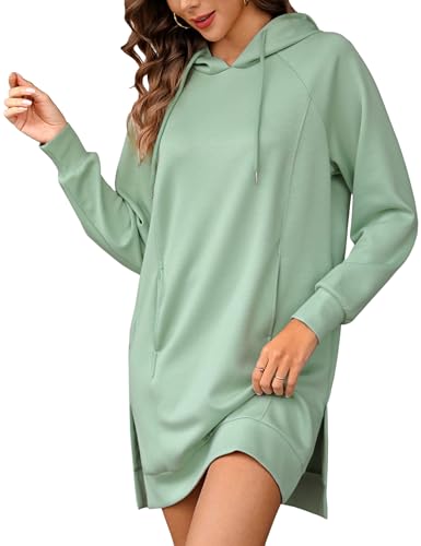 Quenteen Hoodie Dress for Women Sweatshirt Dress Hooded Oversized Casual Long Sleeve Pullover Tunic Dresses with Pockets Mint Green