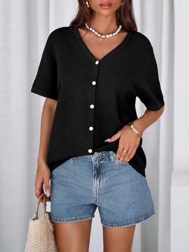 Image of NALANISA Women's Short Sleeve Sweater Spring Summer Crochet Knit Tops 2026 V Neck Striped Button Down Dressy Casual Blouses