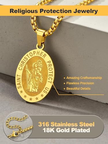 Image of U7 Saint Michael Necklace for Men,Stainless Steel /18K Gold Plated St Michael Archangel /Saint Benedict /Saint Christopher Pendant Amulet Necklace for Men Women