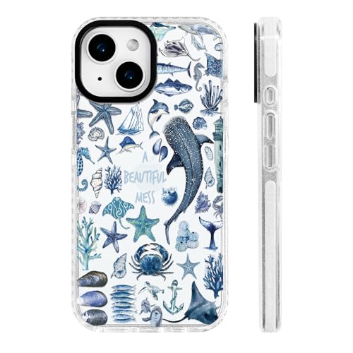 ChiCs-Flaura for iPhone 13 / iPhone 14 Case [Military-Grade Drop Protection/Nautical Ocean Soft Slim TPU Protective/Camera Control/Girls Teens] - Aesthetic Unique Blue Seashell Whale Shark Marine