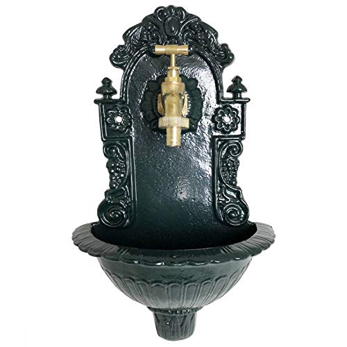 Fontaine de Jardin de Charme Murale Source Fonte Patinée Vert avec Robinet Fonctionnel en Laiton 14x25x40cm