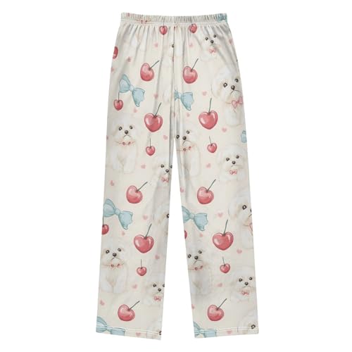 White Dogs Cherry Heart Pajama Pants Long Sleep Pants Soft Pajama Bottoms With Pockets2