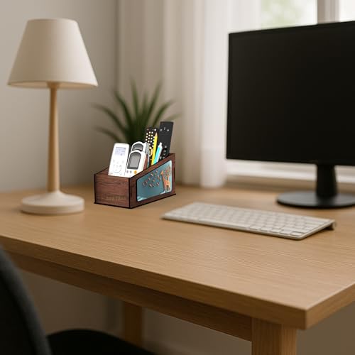Image of Multipurpose Wooden Remote Stand Organizer with 3 Compartments, Premium Engineered Wood Desk Organizer for TV /AC Remotes, Stationery, Charger, Home & Office Use (Dark Walnut-2)