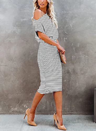 Image of EZBELLE Women's Summer Dress Off The Shoulder Short Sleeve Ribbed Casual Party Bodycon Midi Dresses
