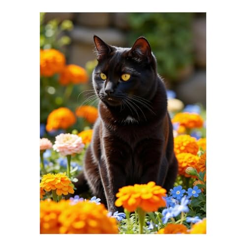Kits de arte de diamantes para adultos, diseño de gato negro, flores de caléndula, kit de pintura de diamantes sin marco para adultos principiantes, kit de pintura de diamantes de 12 x 16 pulgadas