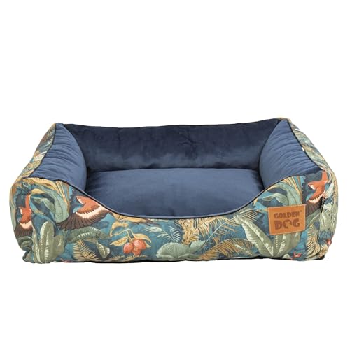 Golden Dog Hundebett Hundekorb Waschbarer Hundekorb Flauschige Hundematratze mit erhöhten Rändern Weiches Hundesofa, Katzen Samt „Square Kinia“ (Vögel, XL)