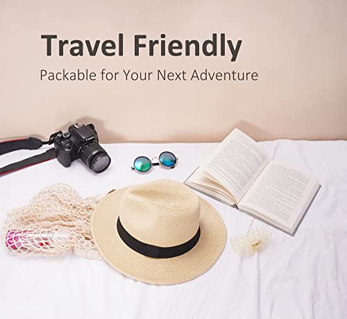 Joywant Abby Straw Sun Hat For Women With Uv Protection Wide Brim Wind Lanyard,Travel Foldable Summer Beach Hat Panama Fedora-Beige #TOP2