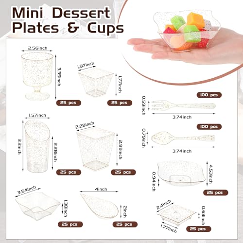 Tessco for you 400 Pcs Mini Appetizer Plates Dessert Cups Spoons Forks Set Dessert Containers Assorted Shape Plastic Parfait Cups Disposable Spoon Forks for Party Serving (Gold)
