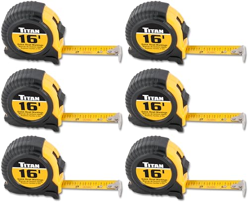Titan 10916 Tape Measure with Easy-Read Standard Markings and Durable Case, 6-Piece Set, 16-Foot