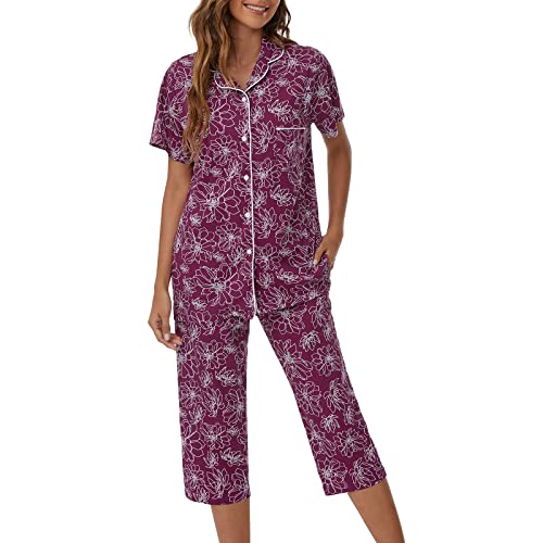 Image of Tugege Capri Pajamas Set Womens Button Down Short Sleeve Lounge Sets Sleepwear Notch Collar Top & Capri 2 Piece PJ Sets