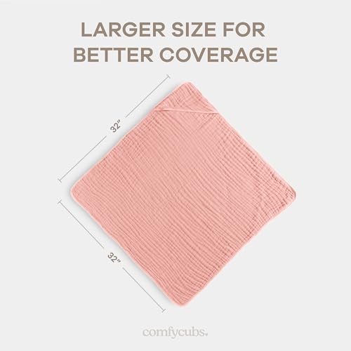 Image of Comfy Cubs Hooded Baby Towel 2-Pack, Large 32 x 32 Inch - 6 Layer 100% Muslin Cotton for Babies, Toddlers and Kids - Soft & Absorbent Baby Bath Towels - Unisex Design for Bath Time - Bold Blush