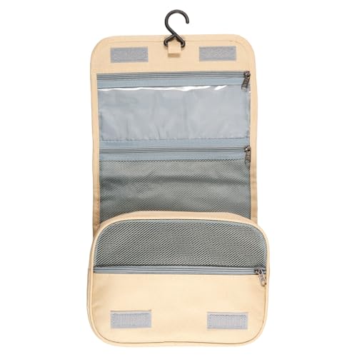 BETIMFAN Hanging Toiletry Bag for Men and Women, Portable Hanging Organizer for Travel-Sized Shampoo,Conditioner, Brushes Set, Waterproof Foldable Makeup Bag with 3 Compartments(Beige)